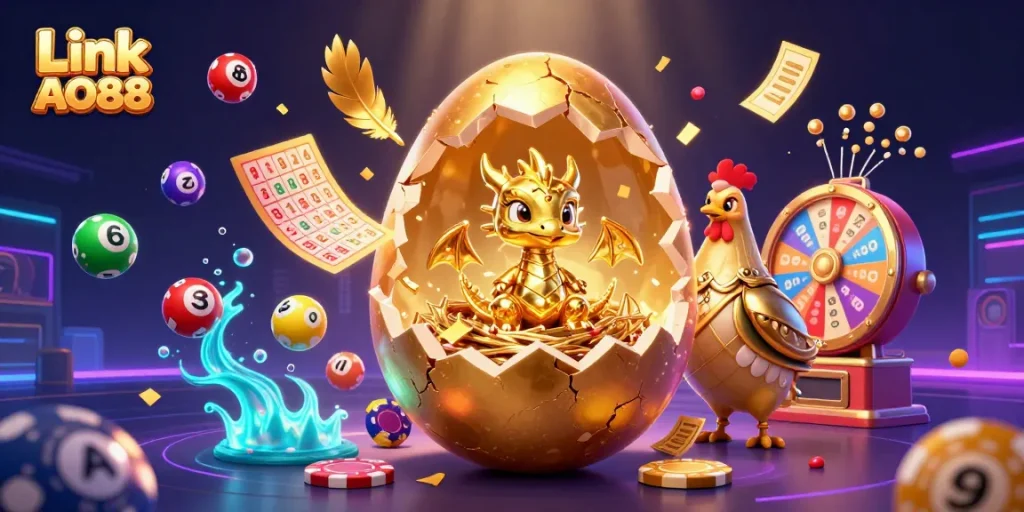 Experience thrilling gameplay with Link AO88 as a golden dragon emerges from a poker chip nest surrounded by vibrant gaming elements.