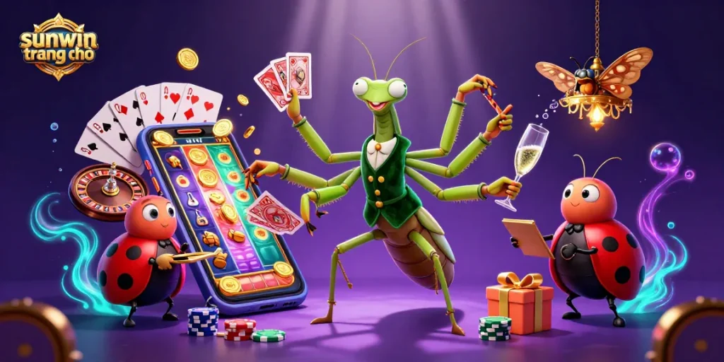 Win big with sunwin trang chủ featuring a vibrant casino atmosphere with animated characters and dynamic gaming elements.