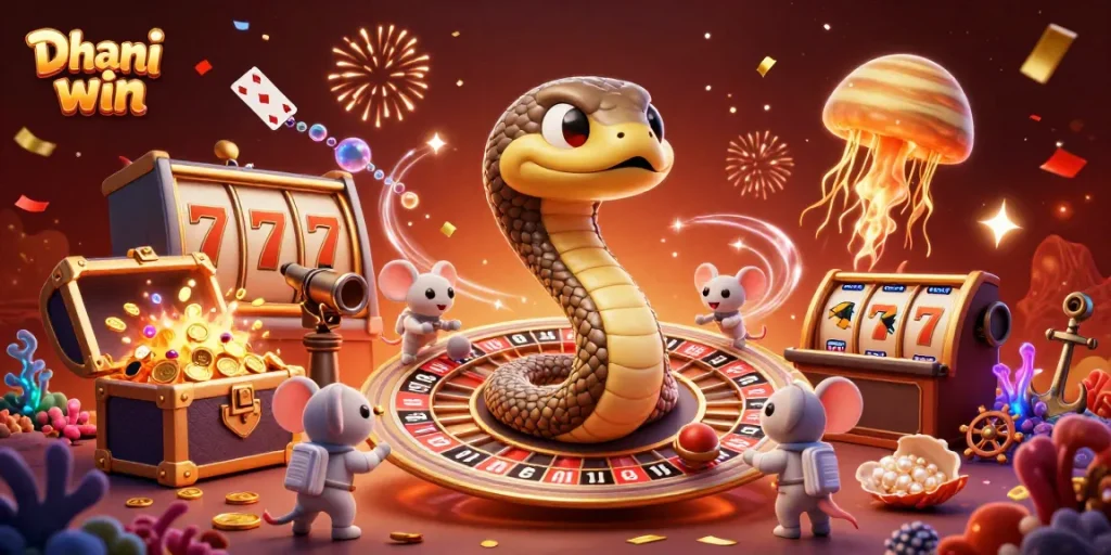 Dhani win players enjoy slot games amid a vibrant cosmic casino scene with tiny astronauts betting