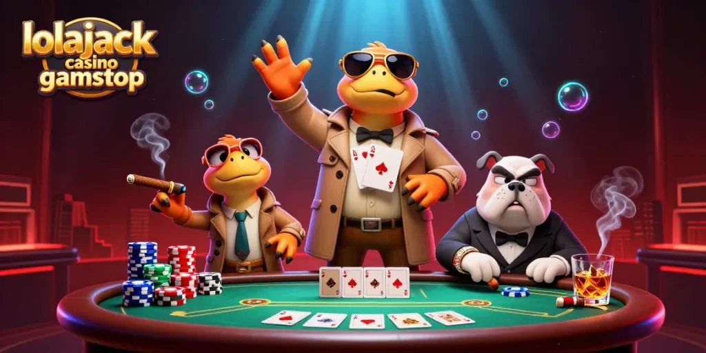 Experience the fun at lolajack casino gamstop with raptors and a bouncer in a vibrant casino scene.