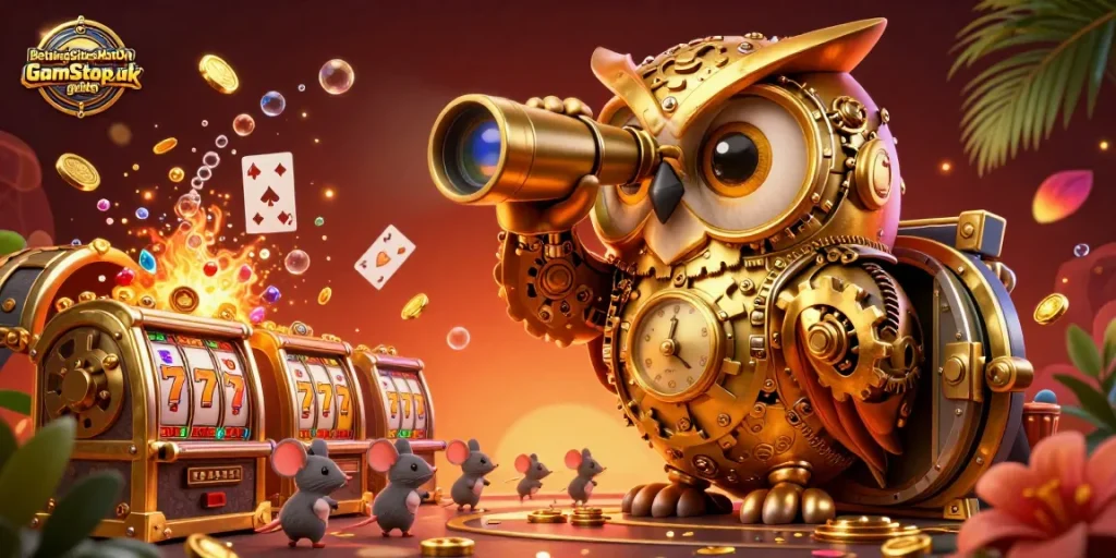 Interact with the BettingSitesNotOnGamStop.uk guide in a colorful, dynamic casino scene filled with action and fun.