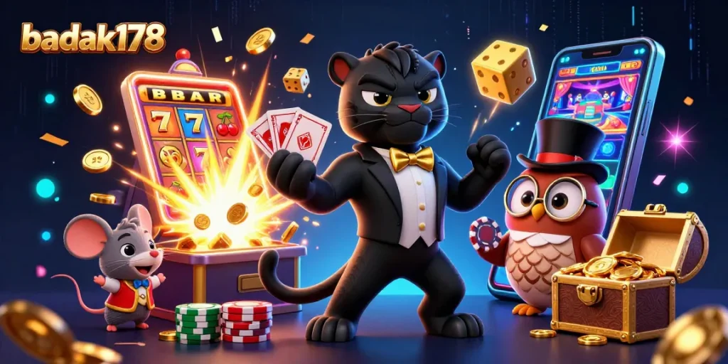 Experience badak178 excitement with cartoon panther, owl, and mouse in a vibrant casino scene.
