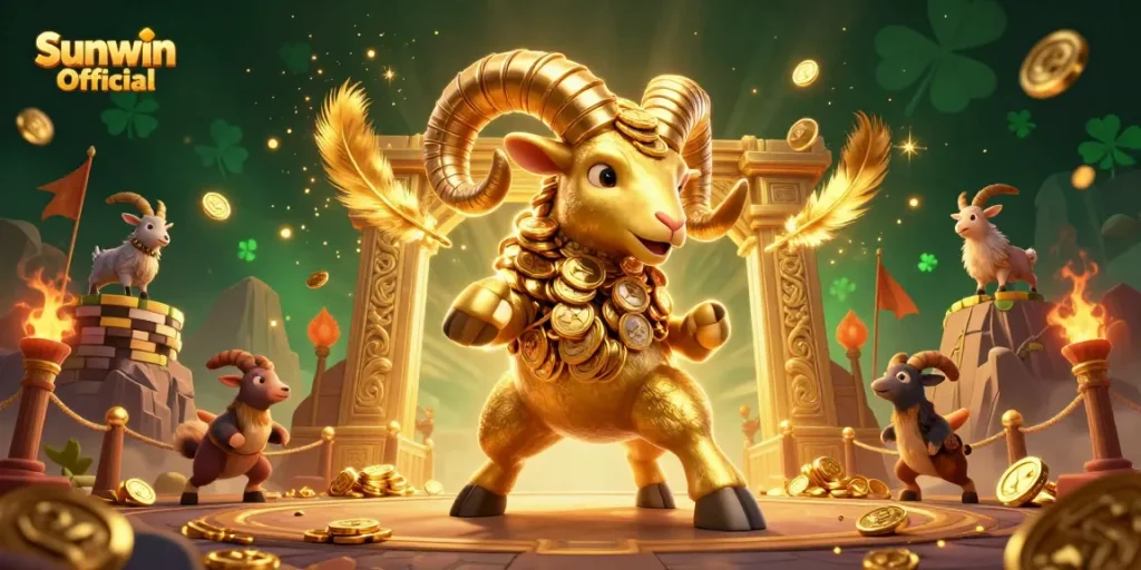 Engage with the Sunwin Official gaming experience as a golden ram collides with a gateway in this vibrant casino scene.