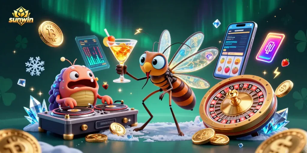 Engage with sunwin's thrilling scene featuring a casino mascot, DJ, and roulette wheel amidst crypto symbols.