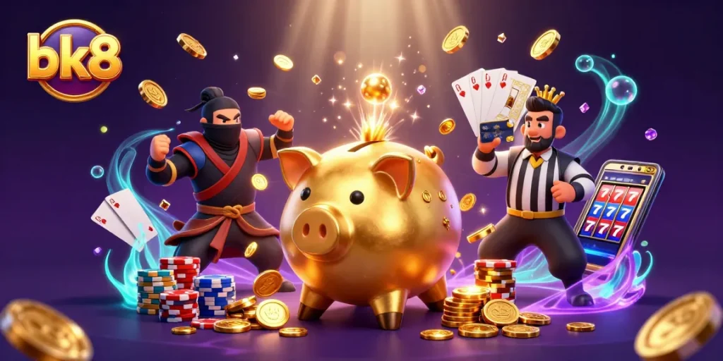 Engage in thrilling bk8 adventures with a golden piggy bank sumo wrestler, a wallet ninja, and a credit card samurai referee!