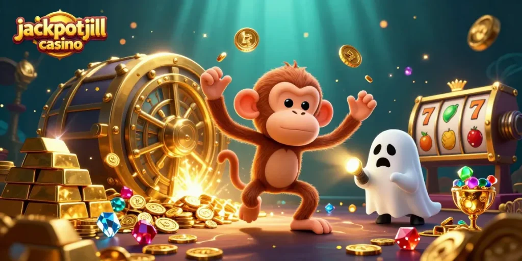 Engage with jackpotjill casino's thrilling haunted scene featuring mischievous characters juggling coins and treasures.