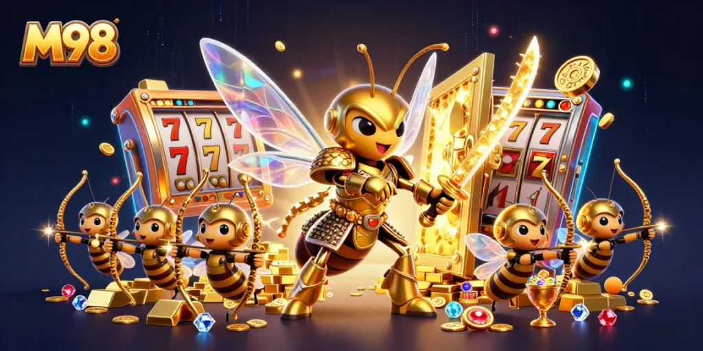 M98 players spinning slots in an exciting treasure hunt featuring dynamic casino elements.