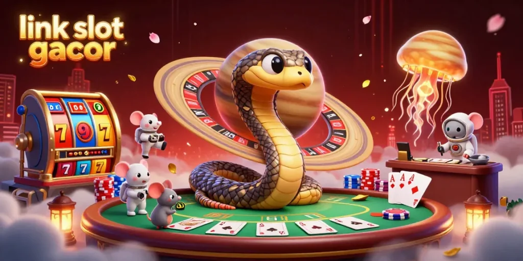 Engage with link slot gacor as cartoon characters spin roulette and poker amidst vibrant casino elements.